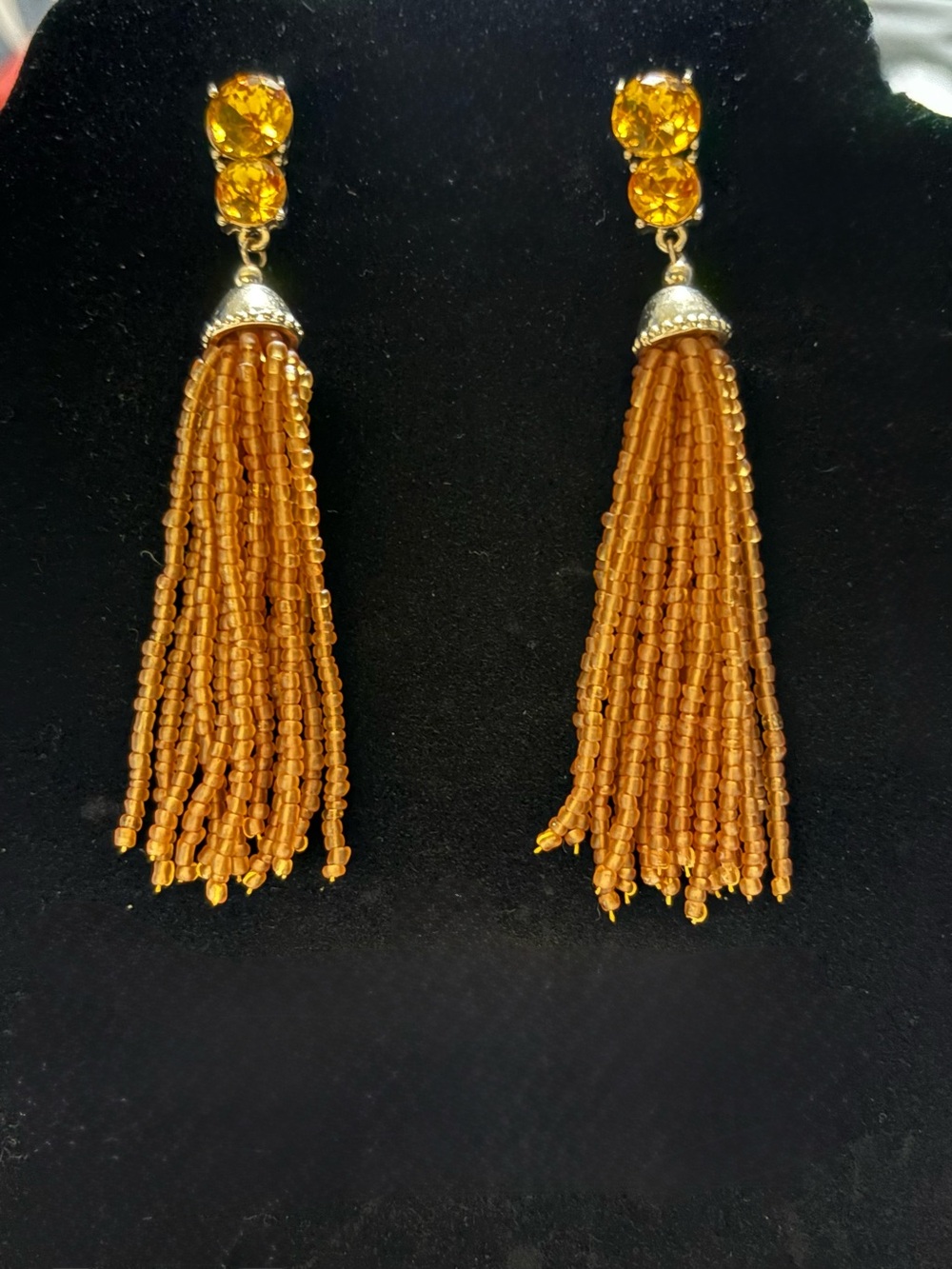 Amber Beaded 4” Tassel Drop Earrings Crystal Accent Statement Jewelry